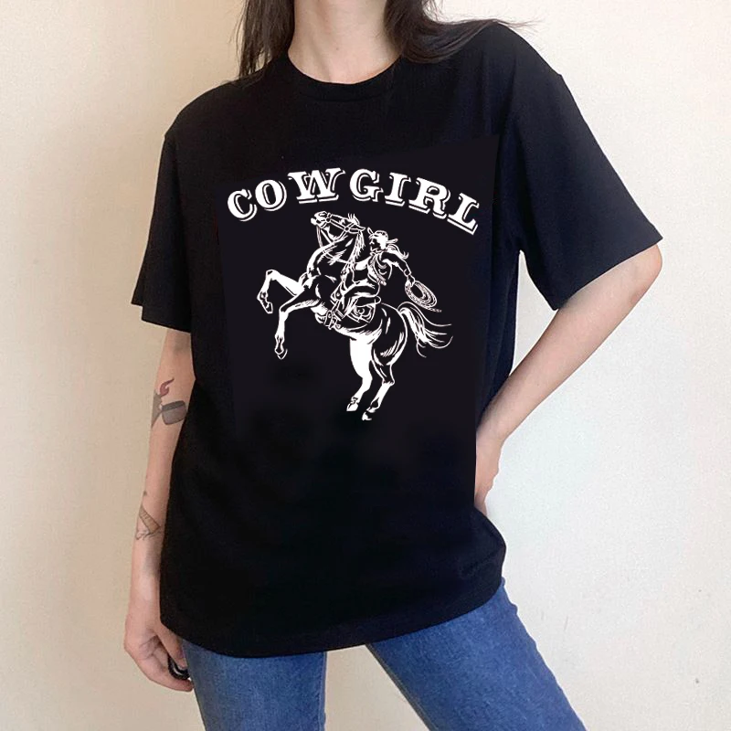 Sunfiz Moterų Cowgirl Spausdinti Moterų Tee Trumpas Rankovės ilgos T-shirt Spausdinti Grafinis Tees Brendžio Viršūnes Normalus Tee marškinėliai Naujas 5