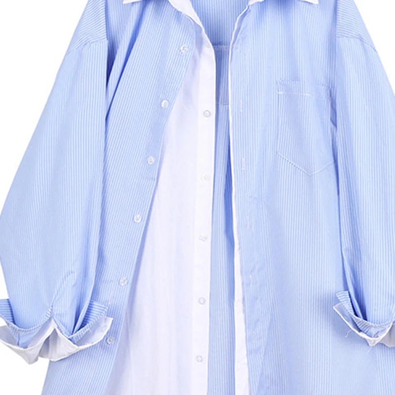 CHICEVER Mėlyna Dryžuotas Marškinėliai Moterims Atlapas Apykakle ilgomis Rankovėmis Kratinys Netikrą Dviejų dalių Nukentėjo Spalva Prarasti Palaidinės Moterų 2021 Naujas 3