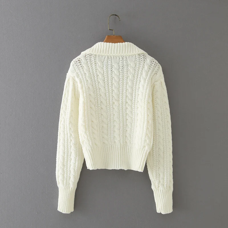 Rudenį megzti megztinis korėjos long sleeve top moterų derliaus pasukite žemyn apykaklės twist megztinis seksualus tuščiaviduriai iš megztinis baltos 2020 m. 1