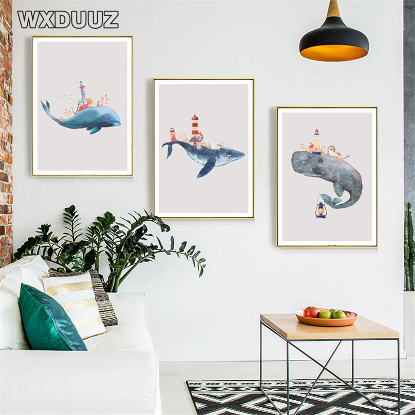 Jūrinis Švyturys Tapybos Bangininis Ryklys Gyvūnų Menas Spausdinti Šiaurės šalių Vaikų, Kūdikių, Vaikų, Miegamojo Dekoravimo, plakatai, drobė, tapyba 4