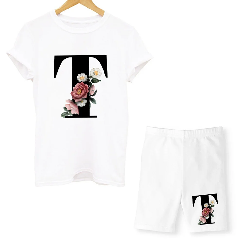 26 anglų kalbos raidės A-Z, baltas trumparankoviai atsitiktinis marškinėliai uosto pagrindinio vasaros kostiumas nustatyti tėvų-vaikų drabužių pora drabužių 2021 2