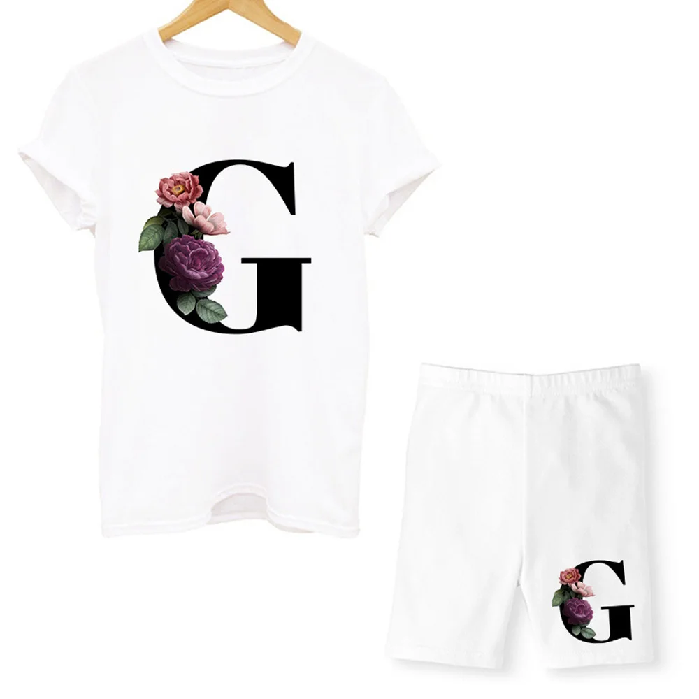 26 anglų kalbos raidės A-Z, baltas trumparankoviai atsitiktinis marškinėliai uosto pagrindinio vasaros kostiumas nustatyti tėvų-vaikų drabužių pora drabužių 2021 3