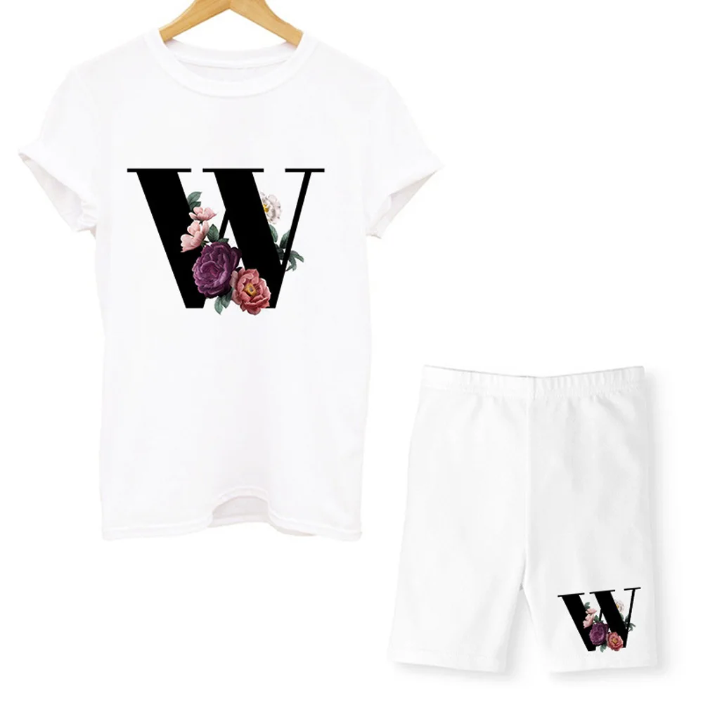 26 anglų kalbos raidės A-Z, baltas trumparankoviai atsitiktinis marškinėliai uosto pagrindinio vasaros kostiumas nustatyti tėvų-vaikų drabužių pora drabužių 2021 5