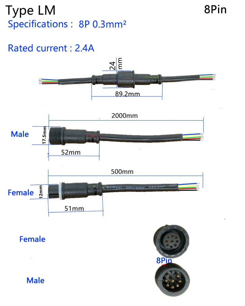 5 poros Vandeniui jungtis Dabartinės 2.4 8pin su viela IP67 moterų male plug 0.3mm2 0