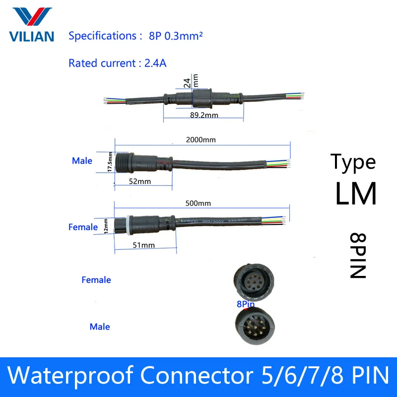 5 poros Vandeniui jungtis Dabartinės 2.4 8pin su viela IP67 moterų male plug 0.3mm2 1