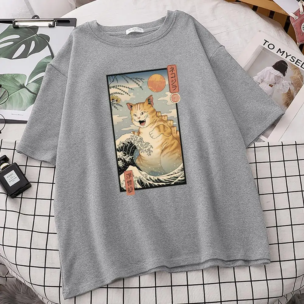 Bangos Ir Big Cat Japonų Stiliaus Spausdinimo Tshirts Moterų Didelis Dydis Marškinėliai Atsitiktinis Palaidų Marškinėlius S-Xxxl Negabaritinių Marškinėliai Moterims 1