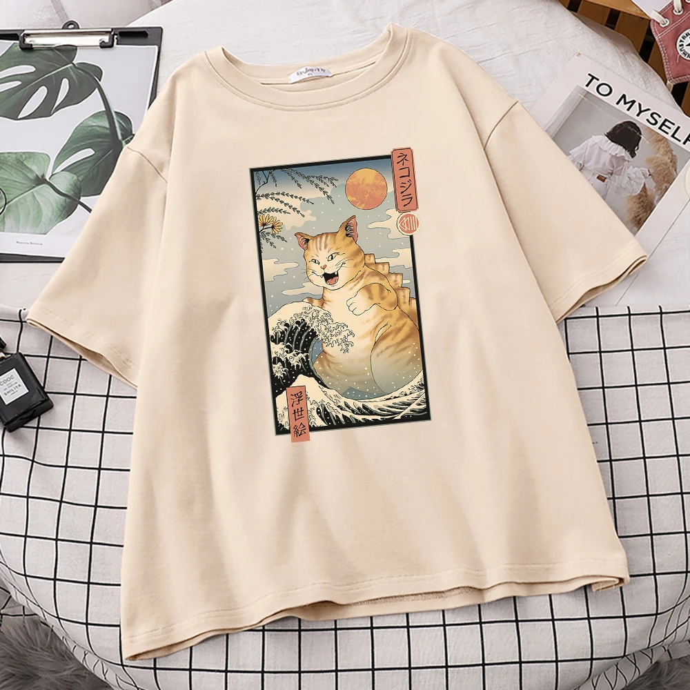 Bangos Ir Big Cat Japonų Stiliaus Spausdinimo Tshirts Moterų Didelis Dydis Marškinėliai Atsitiktinis Palaidų Marškinėlius S-Xxxl Negabaritinių Marškinėliai Moterims 2