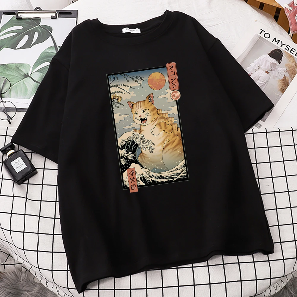 Bangos Ir Big Cat Japonų Stiliaus Spausdinimo Tshirts Moterų Didelis Dydis Marškinėliai Atsitiktinis Palaidų Marškinėlius S-Xxxl Negabaritinių Marškinėliai Moterims 4