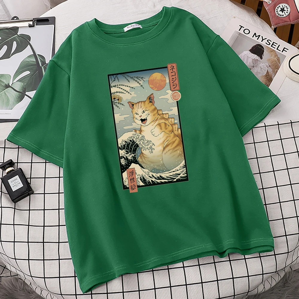Bangos Ir Big Cat Japonų Stiliaus Spausdinimo Tshirts Moterų Didelis Dydis Marškinėliai Atsitiktinis Palaidų Marškinėlius S-Xxxl Negabaritinių Marškinėliai Moterims 5