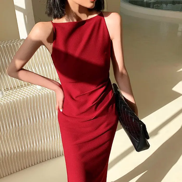 Raudona suspender suknelė vasaros 2021 naujos mados, seksualus, slim ir slim 4