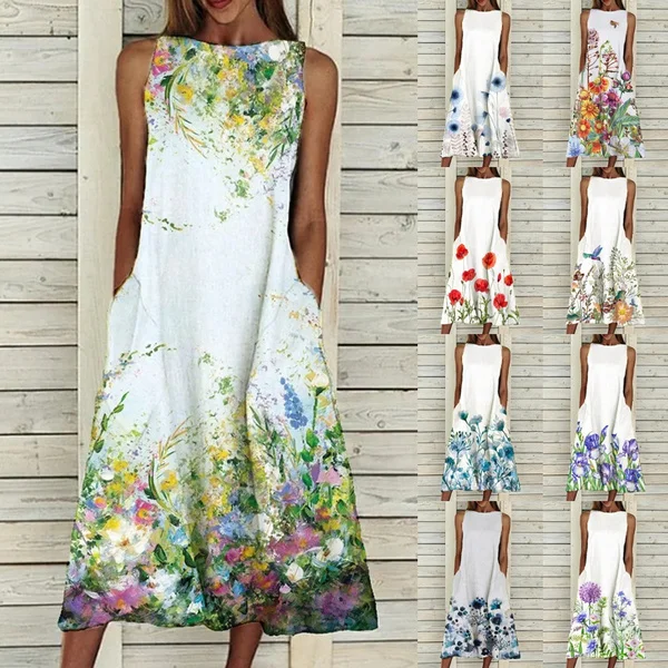 Moterims, Elegantiška Suknelė Vasaros Gėlių Spausdinti Rankovių Ilgio Suknelės Mados Apvali Kaklo-Line Kišenėje Moteriška Suknelė Plus Size Vestidos 4