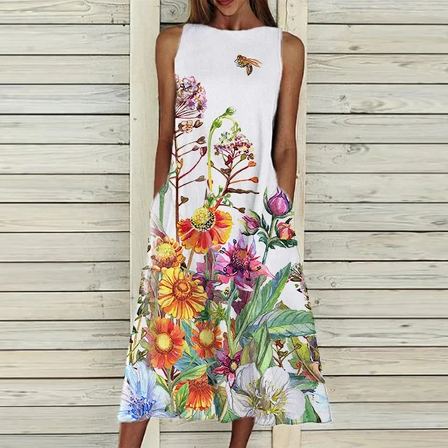 Moterims, Elegantiška Suknelė Vasaros Gėlių Spausdinti Rankovių Ilgio Suknelės Mados Apvali Kaklo-Line Kišenėje Moteriška Suknelė Plus Size Vestidos 5