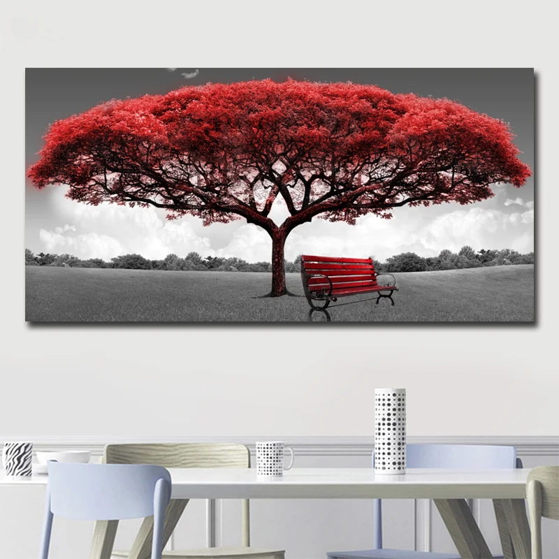 Raudona Medžių ir Kėdės Kraštovaizdžio Naftos Tapyba ant Drobės, Plakatų ir grafikos Skandinavijos Sienos Meno Nuotrauką Kambarį Cuadros 1