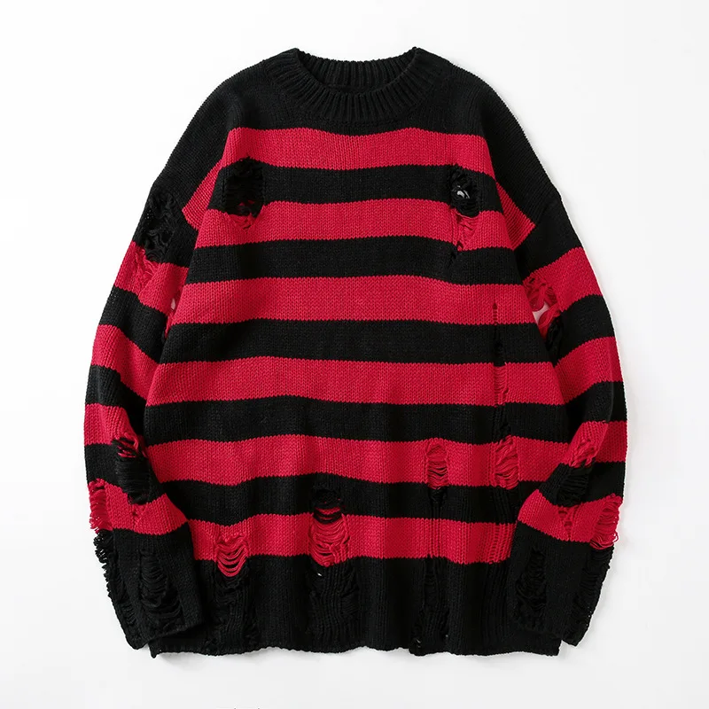 Dryžuotas Megztiniai Moterims Punk Unisex Džemperis Rudenį Tuščiaviduriai Iš Skylės Skaldytų Jumper Prarasti Negabaritinių Pullouvers Harajuku Streetwear 0