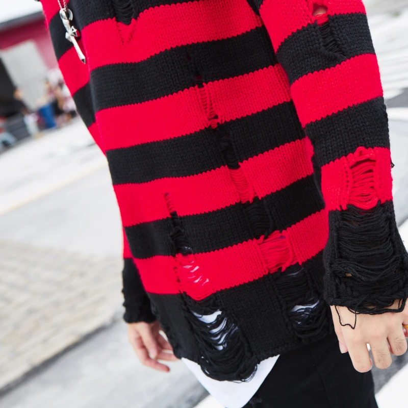 Dryžuotas Megztiniai Moterims Punk Unisex Džemperis Rudenį Tuščiaviduriai Iš Skylės Skaldytų Jumper Prarasti Negabaritinių Pullouvers Harajuku Streetwear 3