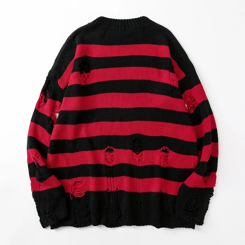 Dryžuotas Megztiniai Moterims Punk Unisex Džemperis Rudenį Tuščiaviduriai Iš Skylės Skaldytų Jumper Prarasti Negabaritinių Pullouvers Harajuku Streetwear 4