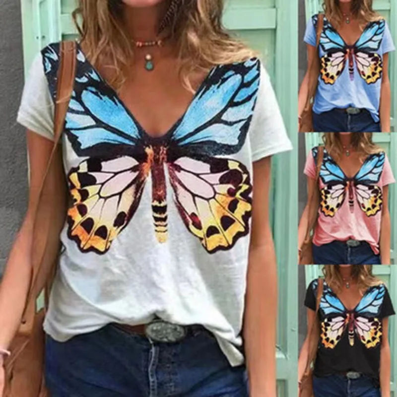 Moterys Vasarą Butterfly Marškinėliai Harajuku Mados Vabzdžių, Gyvūnų Spausdinti Plus Size V-Kaklo Trumpomis Rankovėmis Viršūnes 1