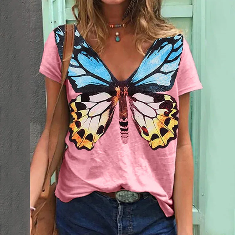 Moterys Vasarą Butterfly Marškinėliai Harajuku Mados Vabzdžių, Gyvūnų Spausdinti Plus Size V-Kaklo Trumpomis Rankovėmis Viršūnes 3