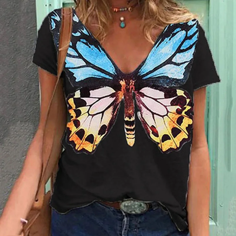 Moterys Vasarą Butterfly Marškinėliai Harajuku Mados Vabzdžių, Gyvūnų Spausdinti Plus Size V-Kaklo Trumpomis Rankovėmis Viršūnes 5