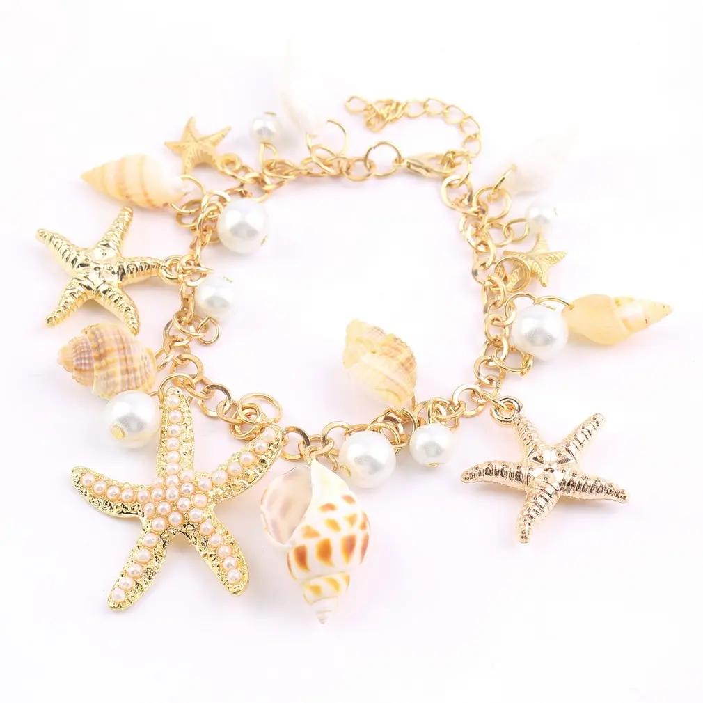 Moterų Mados Vandenyno Stiliaus Multi Žvaigždė Jūros Žvaigždė Myli Shell Imituojamas-Pearl Grandinės Paplūdimio Bangle Apyrankės Naujiena 3
