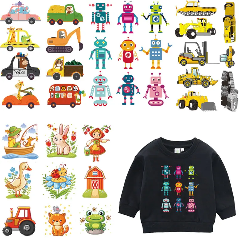 Karikatūra Robotas Lipdukus ant Drabužių Vaikams Automobilių Geležies Pleistrai Ūkio Ekskavatorius Krautuvas Šilumos Perdavimo T-shirt Spausdinimas Appliqued 0