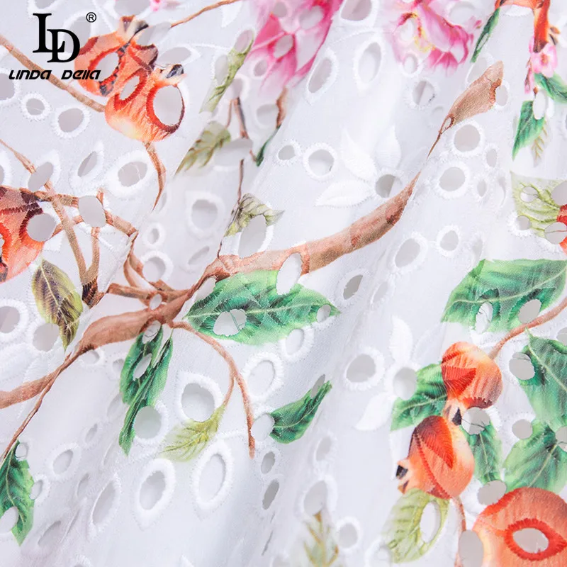 LD LINDA DELLA 2021 m. Vasarą kilimo ir tūpimo Tako Elegantiškas Balti Tuščiaviduriai Iš Siuvinėjimo Suknelė Moterų Mados Žibintų Rankovės Gėlių spausdinti Vidurio Suknelė 0