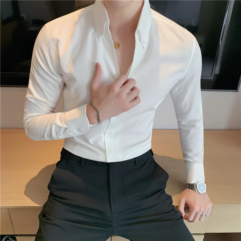 Britų Stiliaus Rudenį Naujų ilgomis Rankovėmis Verslo Vyrų Suknelė Marškinėliai Atsitiktinis Mados V Neck Slim Fit Chemise Homme Oficialią Dėvėti 3XL-M 1