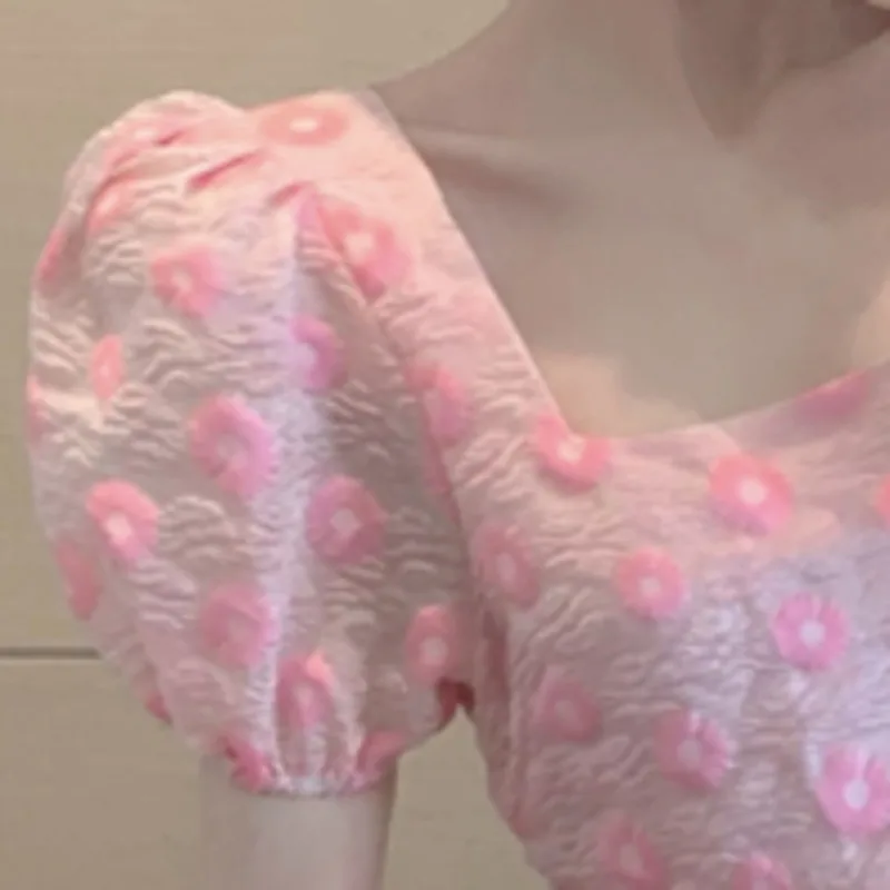 Moteriški Drabužiai Vasaros 2021 Mados Naujų Kvadratinių Kaklo Sluoksniuotos Rankovėmis Lėlės Suknelė Saldus Temperamentas Pink Gėlių Spausdinti Šifono Suknelės 0