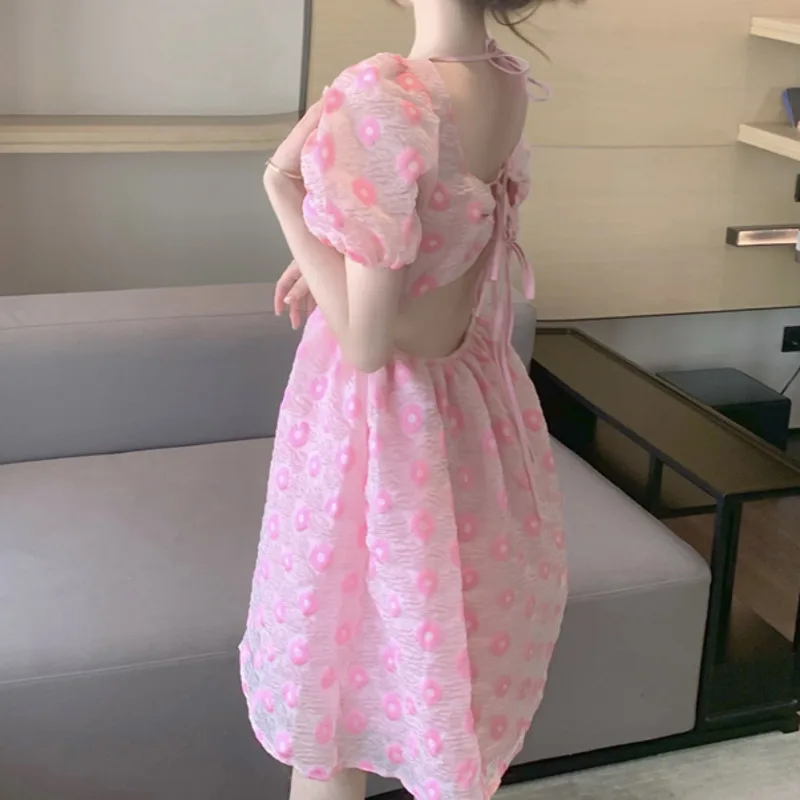 Moteriški Drabužiai Vasaros 2021 Mados Naujų Kvadratinių Kaklo Sluoksniuotos Rankovėmis Lėlės Suknelė Saldus Temperamentas Pink Gėlių Spausdinti Šifono Suknelės 1