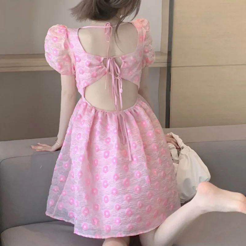 Moteriški Drabužiai Vasaros 2021 Mados Naujų Kvadratinių Kaklo Sluoksniuotos Rankovėmis Lėlės Suknelė Saldus Temperamentas Pink Gėlių Spausdinti Šifono Suknelės 4