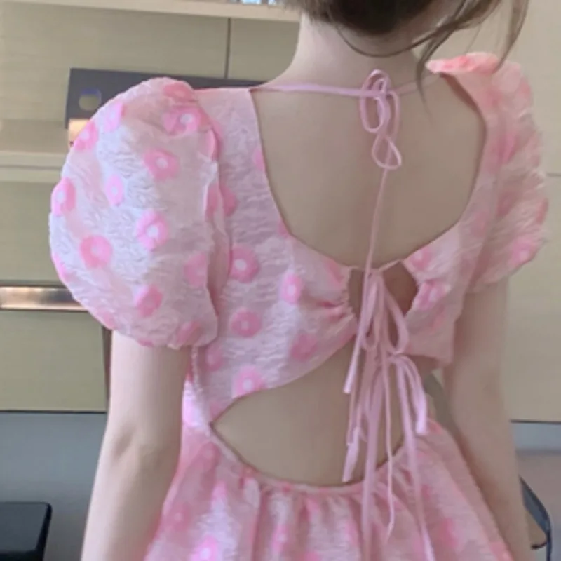 Moteriški Drabužiai Vasaros 2021 Mados Naujų Kvadratinių Kaklo Sluoksniuotos Rankovėmis Lėlės Suknelė Saldus Temperamentas Pink Gėlių Spausdinti Šifono Suknelės 5