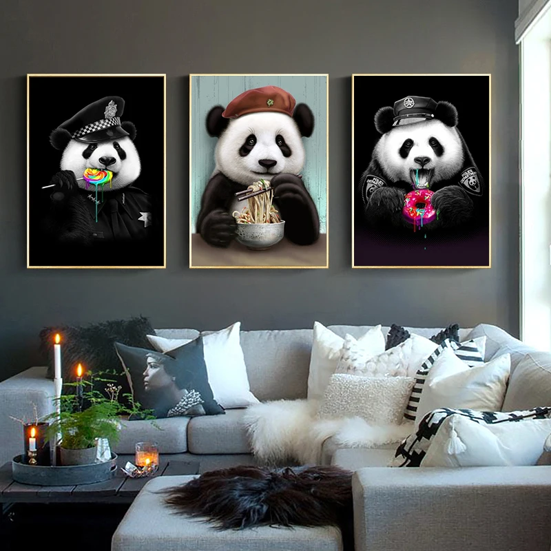 Juokinga Meno Mielas Animacinių filmų Gyvūnų Panda Valgyti Drobė, Tapyba, Plakatas Spausdinimo Cuadros Sienos Meno Kambarį Namų Dekoro (be Rėmelio) 2