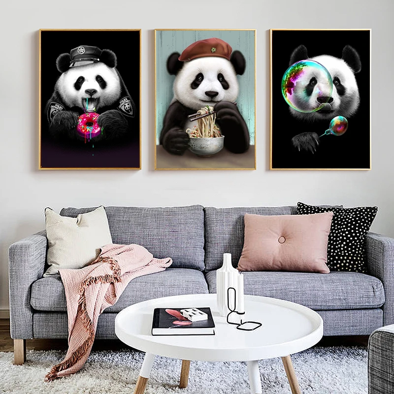 Juokinga Meno Mielas Animacinių filmų Gyvūnų Panda Valgyti Drobė, Tapyba, Plakatas Spausdinimo Cuadros Sienos Meno Kambarį Namų Dekoro (be Rėmelio) 5