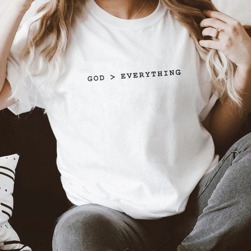 Dievas Per Viską, T-marškinėliai Atsitiktinis Moterų Krikščionių Marškinėlius Drabužius trumpomis Rankovėmis Unisex Religinių Jėzaus Tikėjimas Biblija Viršūnes Tees 0