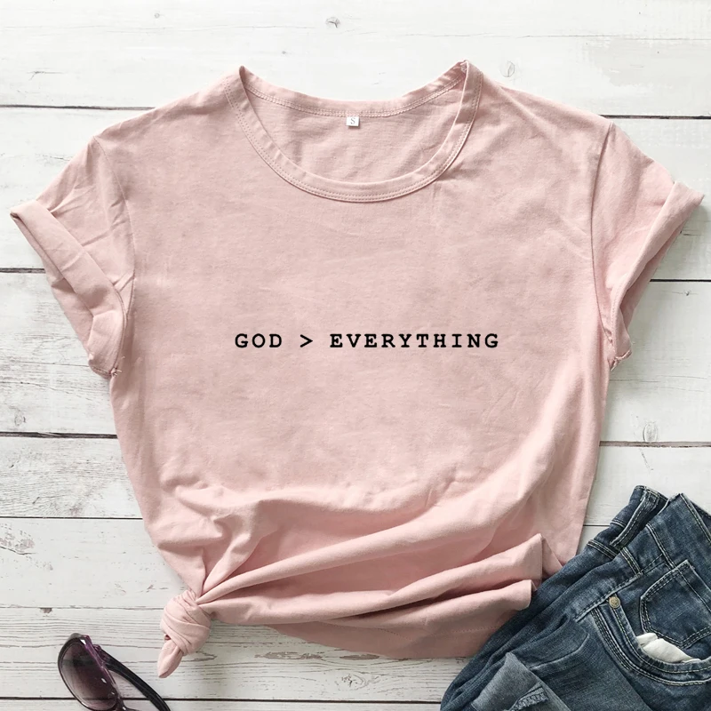 Dievas Per Viską, T-marškinėliai Atsitiktinis Moterų Krikščionių Marškinėlius Drabužius trumpomis Rankovėmis Unisex Religinių Jėzaus Tikėjimas Biblija Viršūnes Tees 5