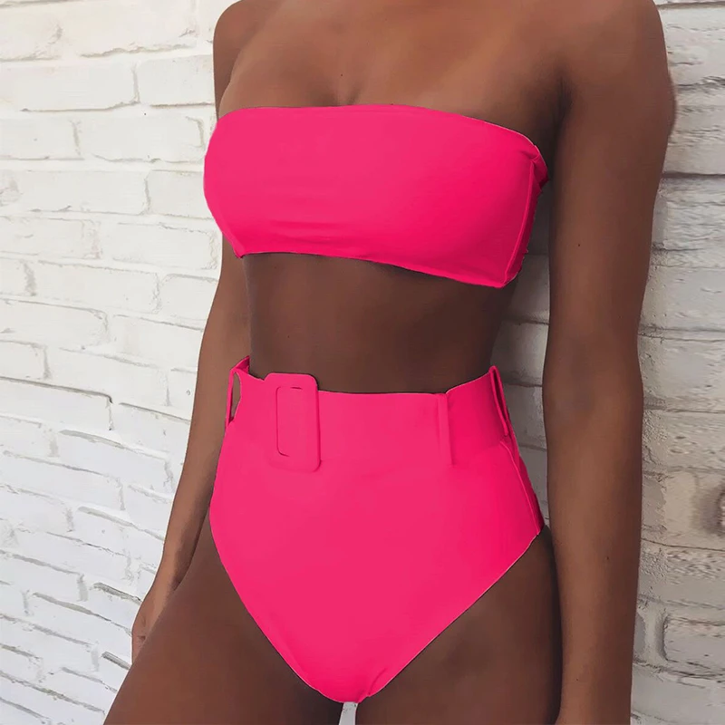 Seksualus Aukštos Saist Bikini 2020 Mujer Vientisų maudymosi kostiumėlį su Diržo Moterų Vamzdis Viršuje, maudymosi Kostiumėliai, Brazilijos Neon Pink Biquini Nustatyti Plaukimo Kostiumas 0