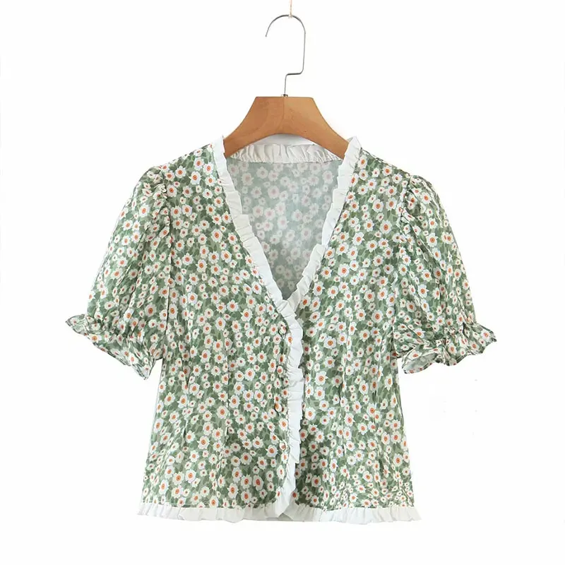 Vasaros Moterų marškinėliai 2021 Trumpas Rankovės Apkarpyti Viršūnes Single-Breasted Gėlių Spausdinti Atsitiktinis Mados nėriniai Dizaino Streetwear Chic 1