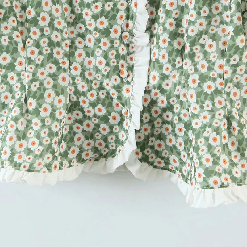 Vasaros Moterų marškinėliai 2021 Trumpas Rankovės Apkarpyti Viršūnes Single-Breasted Gėlių Spausdinti Atsitiktinis Mados nėriniai Dizaino Streetwear Chic 2