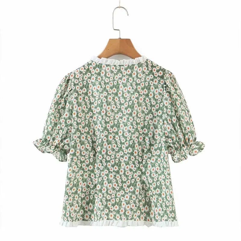 Vasaros Moterų marškinėliai 2021 Trumpas Rankovės Apkarpyti Viršūnes Single-Breasted Gėlių Spausdinti Atsitiktinis Mados nėriniai Dizaino Streetwear Chic 4
