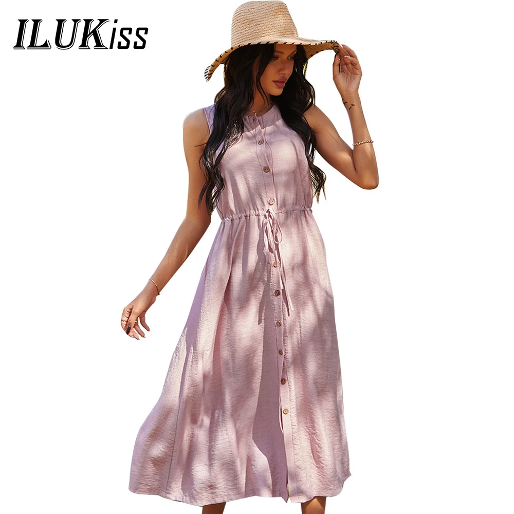 2021 Mados Moterų Midi Suknelė Juoda Vasaros Rankovių Slim Mygtuką Apvalios Kaklo Rožinės Spalvos Paplūdimio Suknelės Elegantiškas Vestidos Ponios Drabužiai 5