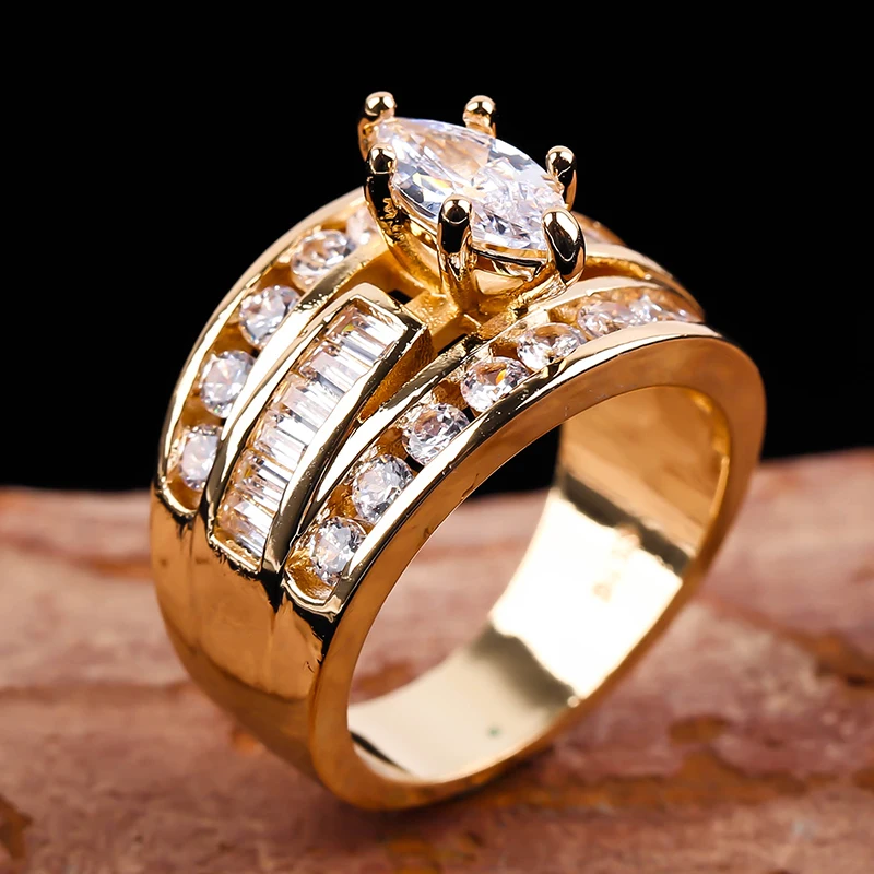 Prabangus Trijų Sluoksnių Užpildyti Baltas Cirkonis Kristalų Vestuviniai Žiedai, Moterų, Prabangos Aukso Spalvos Sužadėtuvių Žiedai Bižuterijos 1