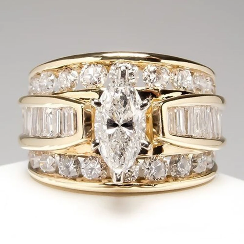 Prabangus Trijų Sluoksnių Užpildyti Baltas Cirkonis Kristalų Vestuviniai Žiedai, Moterų, Prabangos Aukso Spalvos Sužadėtuvių Žiedai Bižuterijos 2