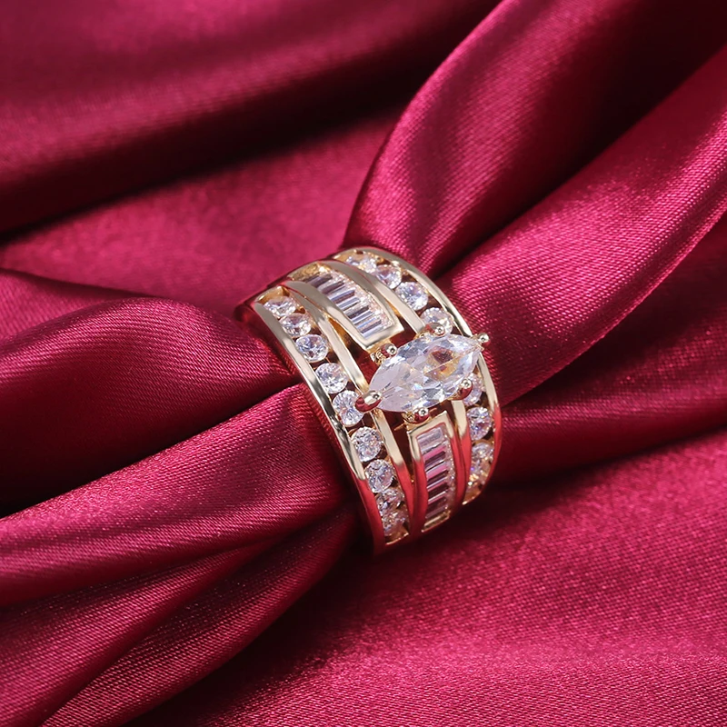 Prabangus Trijų Sluoksnių Užpildyti Baltas Cirkonis Kristalų Vestuviniai Žiedai, Moterų, Prabangos Aukso Spalvos Sužadėtuvių Žiedai Bižuterijos 3