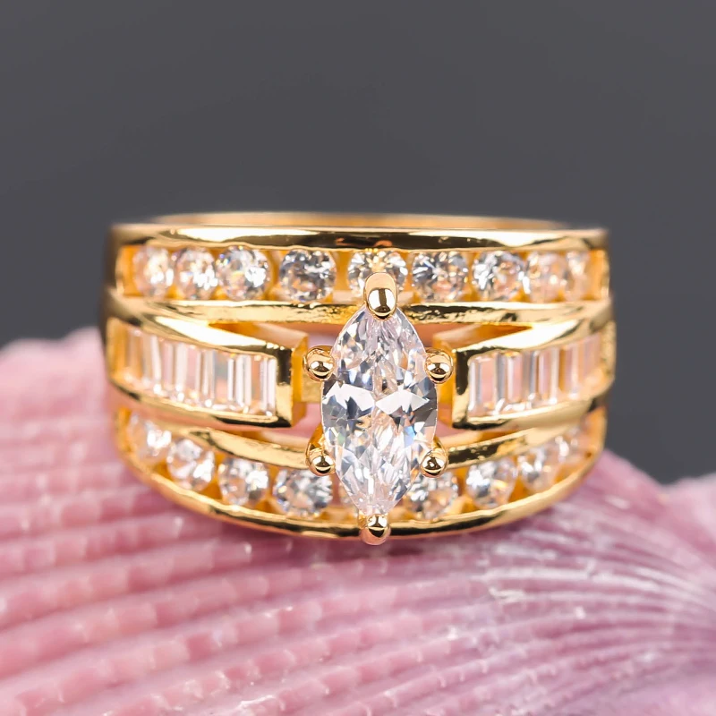 Prabangus Trijų Sluoksnių Užpildyti Baltas Cirkonis Kristalų Vestuviniai Žiedai, Moterų, Prabangos Aukso Spalvos Sužadėtuvių Žiedai Bižuterijos 5
