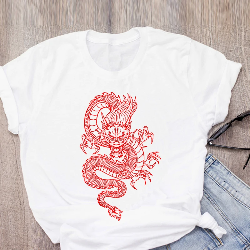 Kinijos Drakonas Spausdinti moteriški marškinėliai Vasaros Drabužių Harajuku Vintage Marškinėliai Atsitiktinis Moterų trumpomis Rankovėmis Prarasti Viršų Moteriška T-shirt 1
