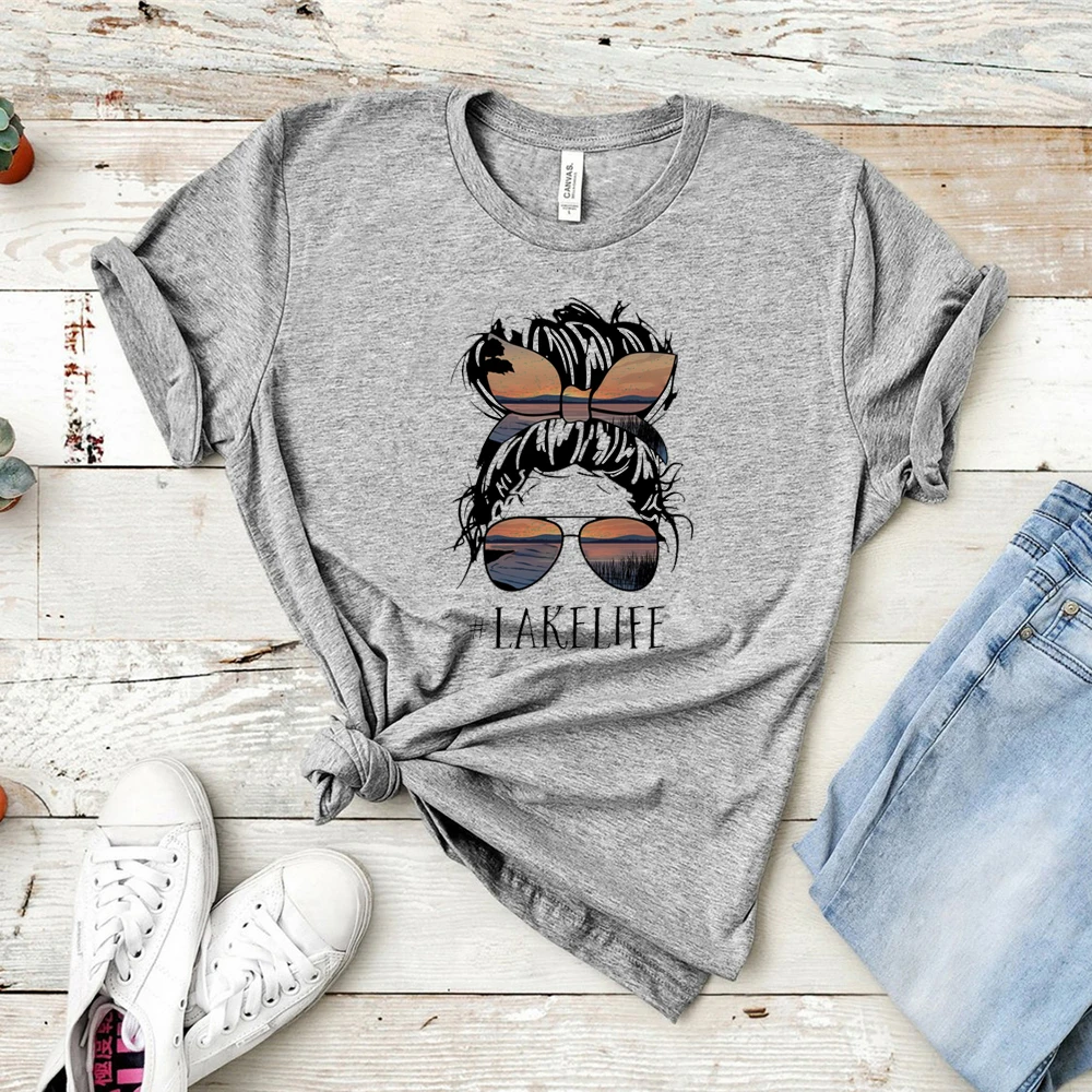 Ežeras Gyvenimo Moterų Marškinėliai, Juokingi Akiniai Atsitiktinis Moterų Tee Lankelis Motinos Galvos Spausdinimo T-shirt ankštų Paauglių mergaičių Hipster Viršūnės 1