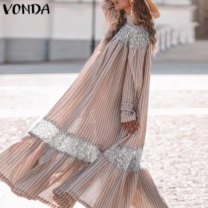Bohemijos Vasaros Suknelė Vintage Atvartas Kaklo, ilgomis Rankovėmis Šalis Suknelės Prarasti Sundress 2021 VONDA Femme Atsitiktinis Vestidos 2