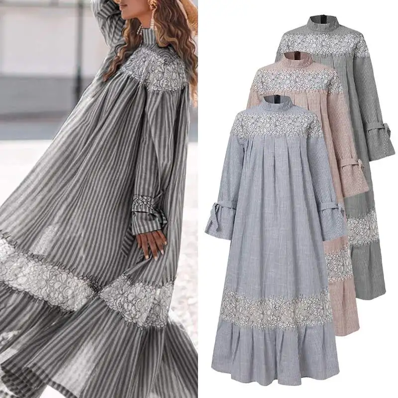Bohemijos Vasaros Suknelė Vintage Atvartas Kaklo, ilgomis Rankovėmis Šalis Suknelės Prarasti Sundress 2021 VONDA Femme Atsitiktinis Vestidos 4