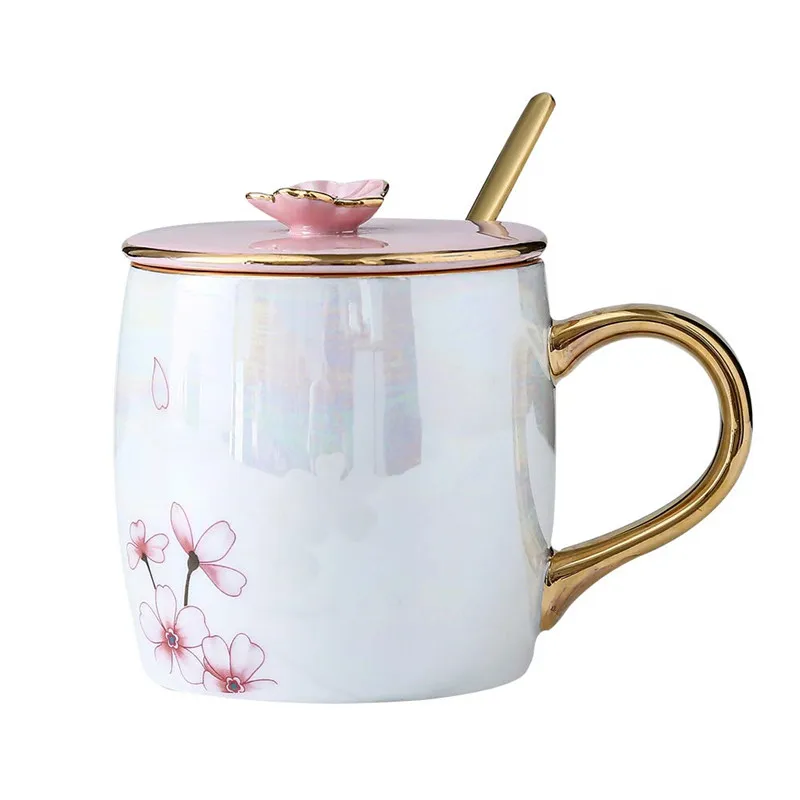 Cherry Blossom Keraminiai Puodeliai Su Dangteliu Aukso Šaukštas Porcelianiniai Kavos Puodeliai Pieno Pusryčiai Drinkware Moterų Mėgėjams Draugais G 2