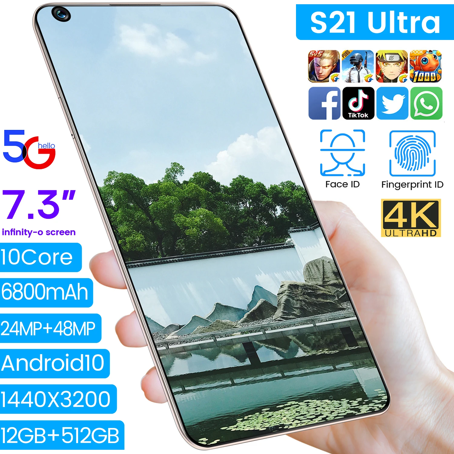 5G Pasaulio Versija S21 Ultra 7.3 Colių Android 10.0 12 GB 512 GB 6800mAh Mobiliojo Telefono vandens lašelius HD Ekrano mobilusis telefonas, Išmanusis telefonas 0